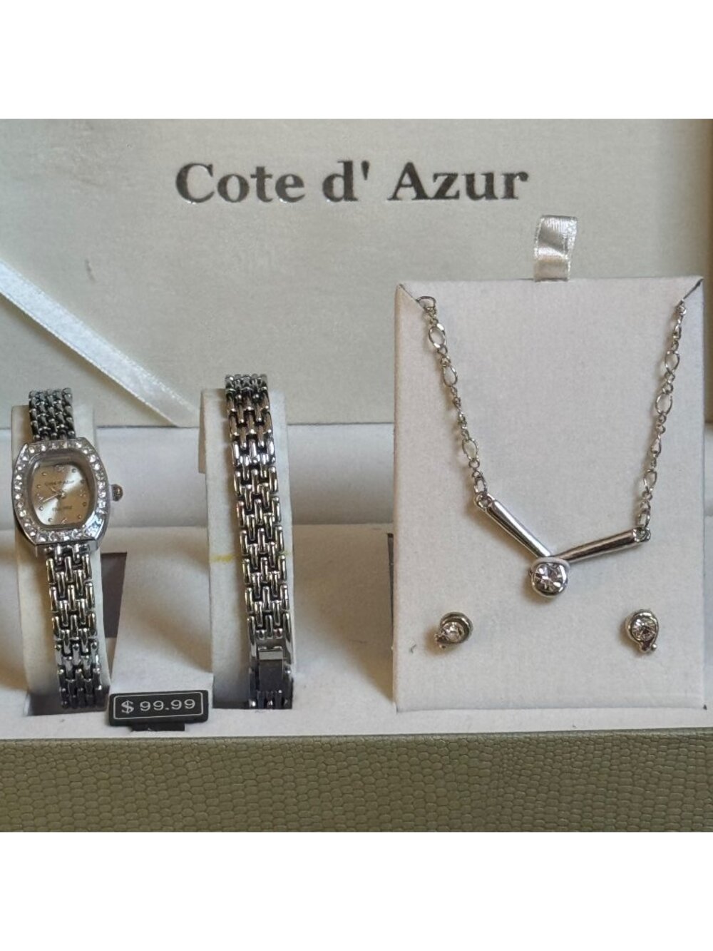 COTE D' AZUR Silver-Toned Set Watch Necklace Earrings Bracelet Clear Gemstones